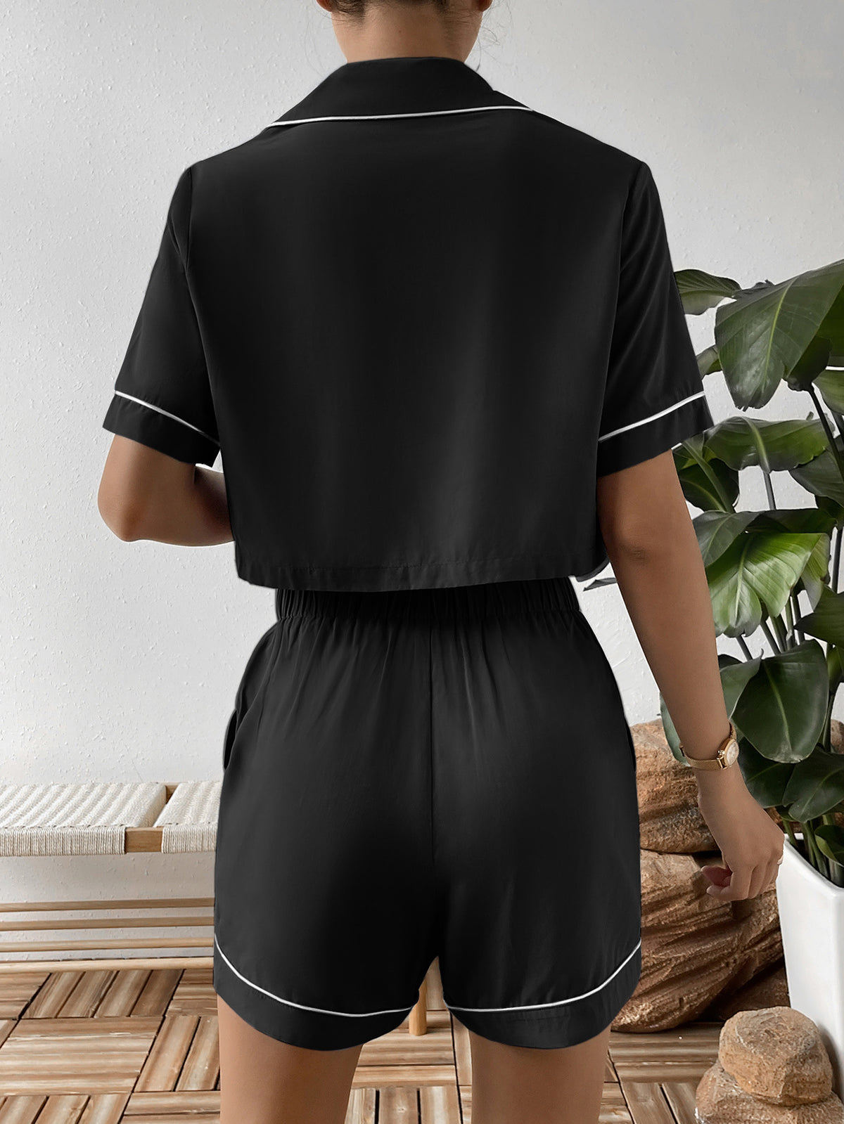Ivy Lane Contrast Lapel Collar Cropped Shirt and Shorts Lounge Set - Ladyez