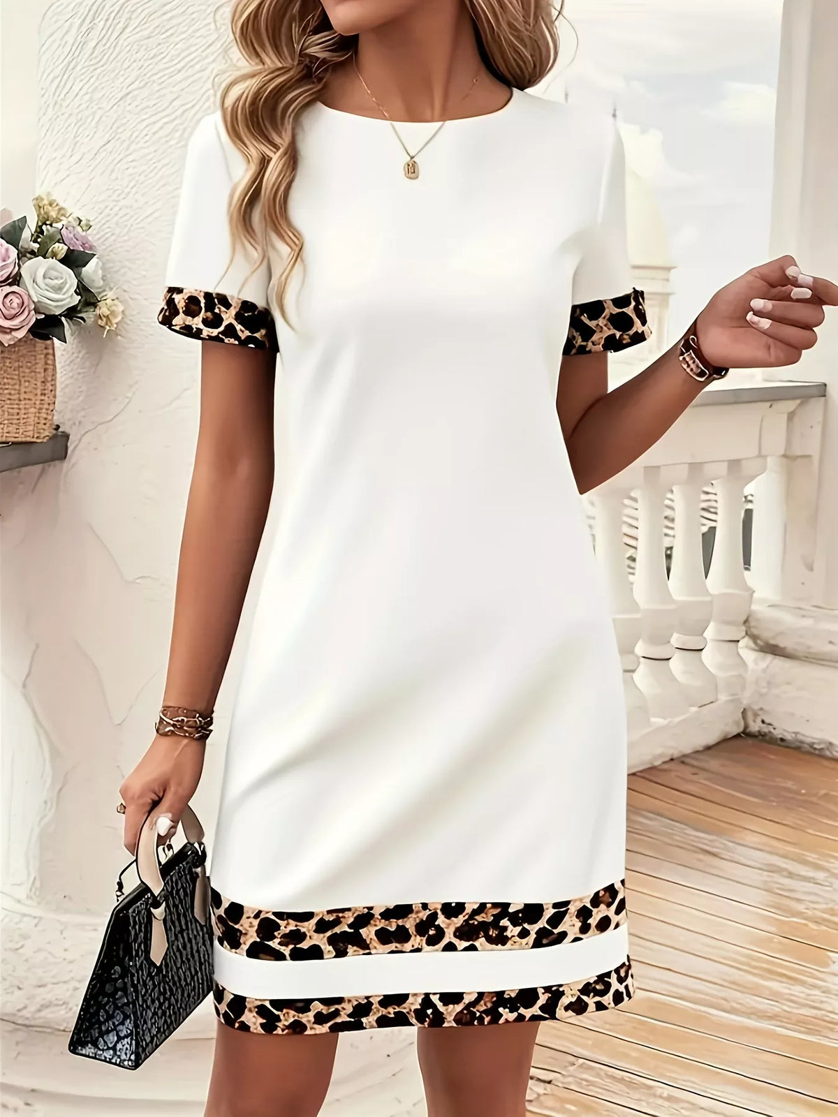 Full Size Leopard Trim Round Neck Mini Dress Plus Size