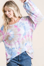 BiBi Tie Dye Print Terry Top With Puff Sleeves