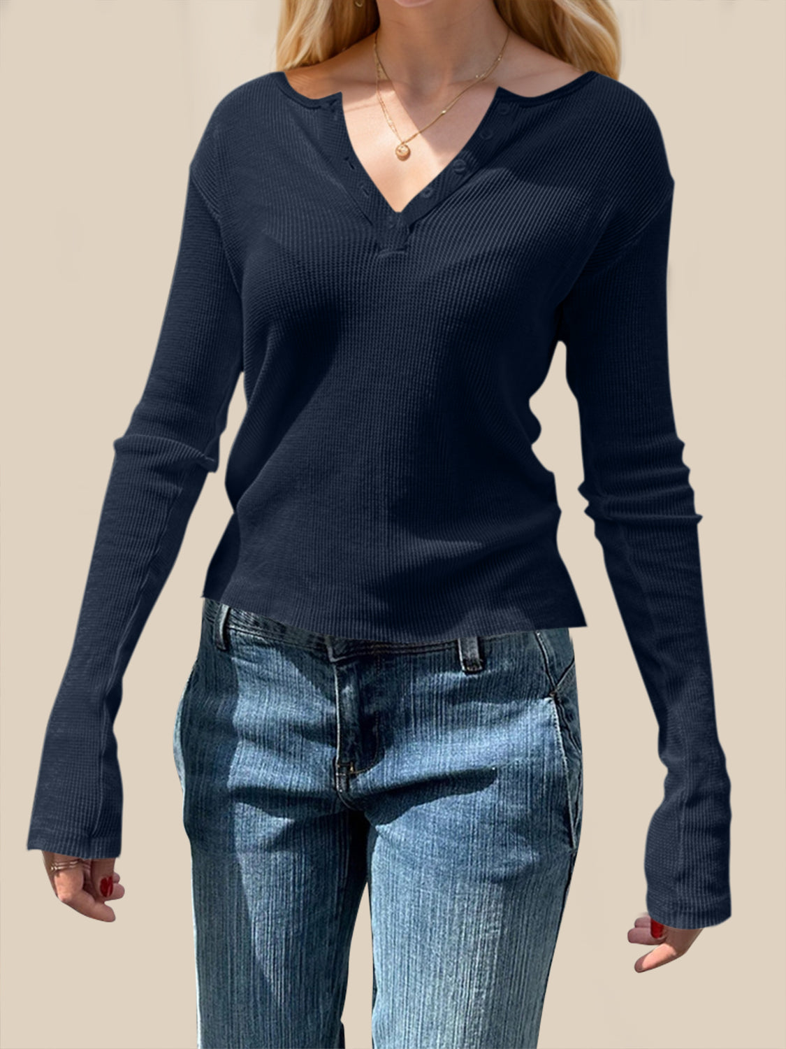Devine Quarter Button Long Sleeve T-Shirt - Ladyez