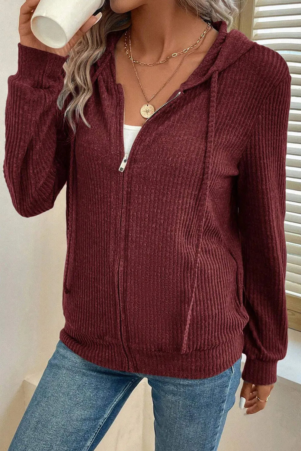 Drawstring Zip Up LongSleeve Hooded Jacket
