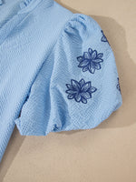 Flower Embroidered Puff Sleeve Split Neck Textured Blouse
