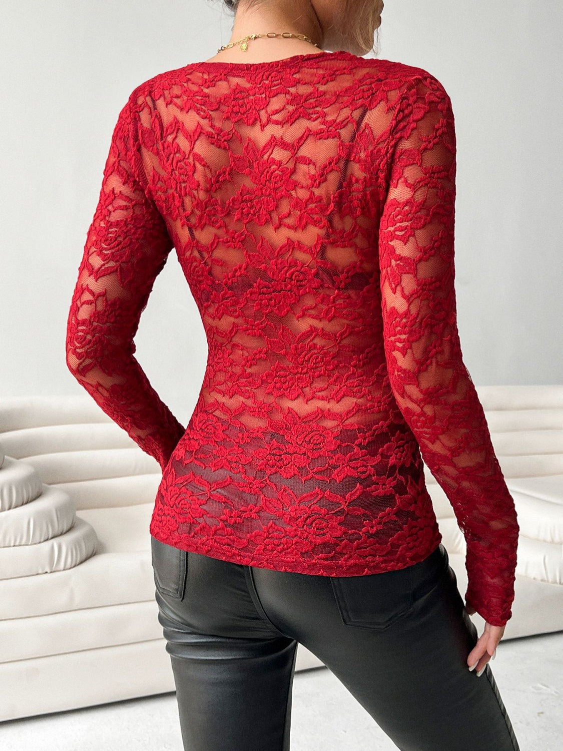 V-Neck Long Sleeve Lace Top - Ladyez