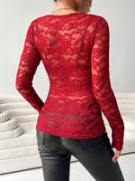 V-Neck Long Sleeve Lace Top - Ladyez