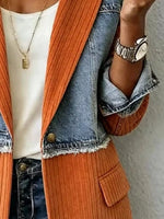 Full Size Patchwork Denim Ribbed Blazer Plus Size