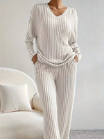 Ribbed Knit V-Neck Top and Pants Set