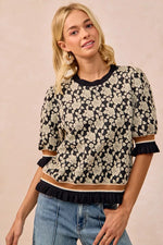 BiBi Textured Rose Knit Top Contrast Banded Puff Sleeve