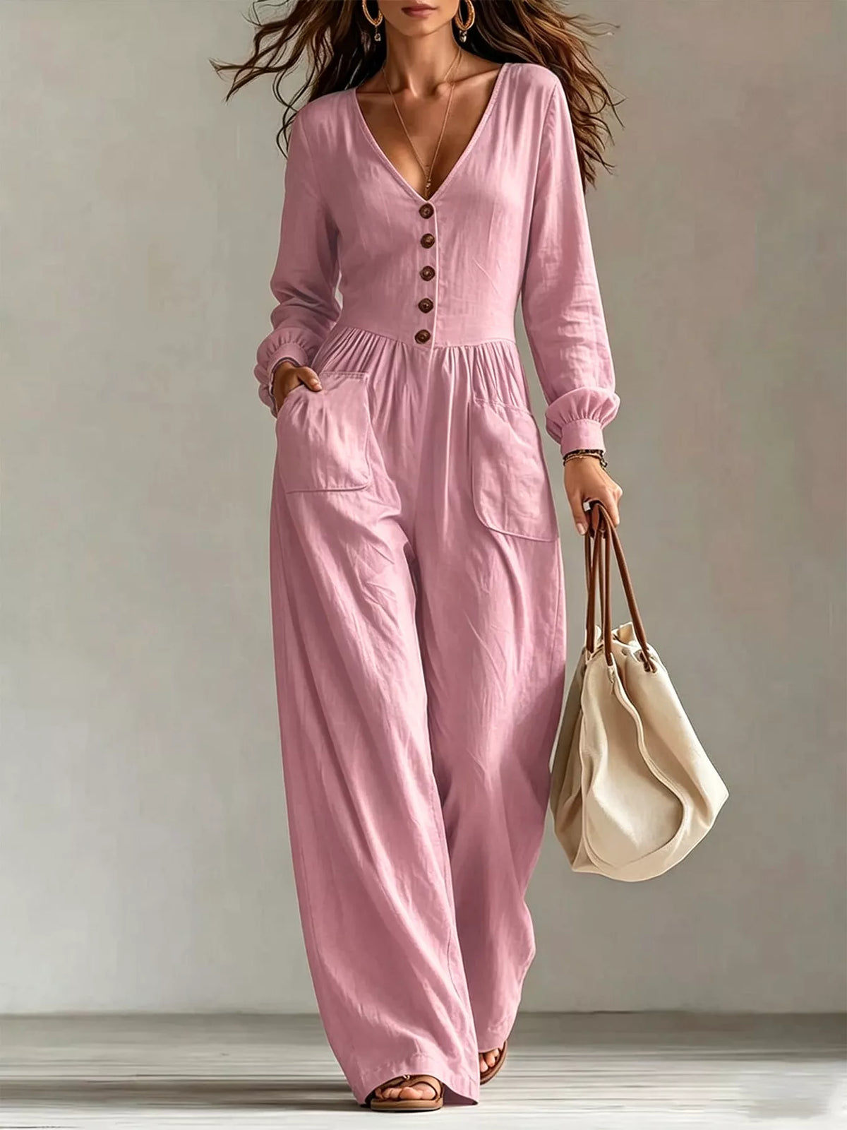 V-Neck Long Sleeve Button-Down Wide Leg Jumpsuit