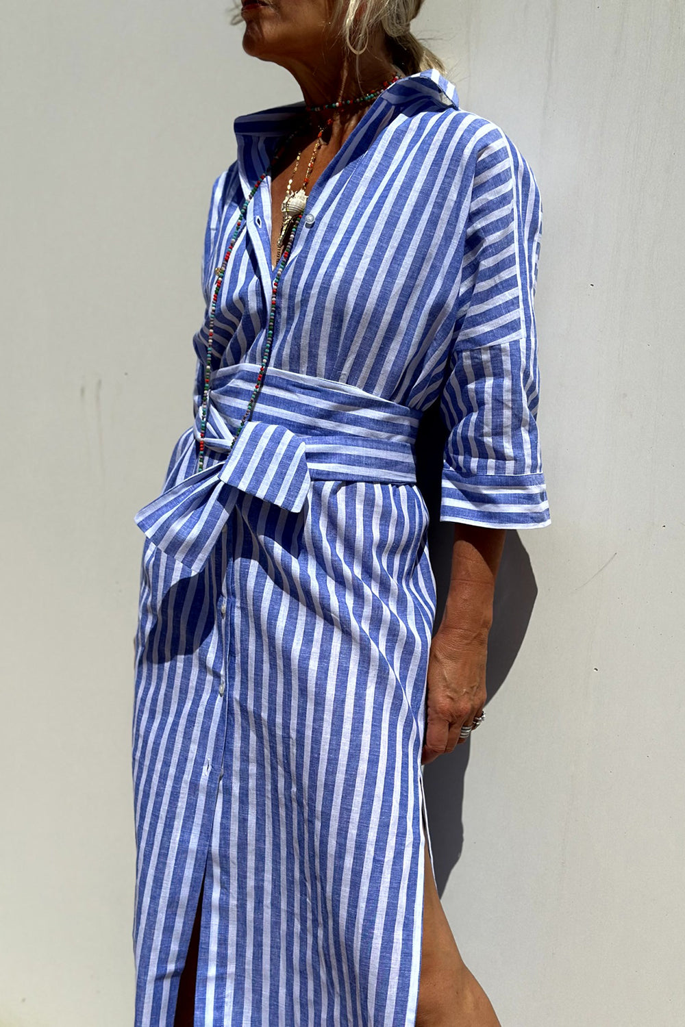 Tied Button Up Three-Quarter Sleeve Dress - Ladyez