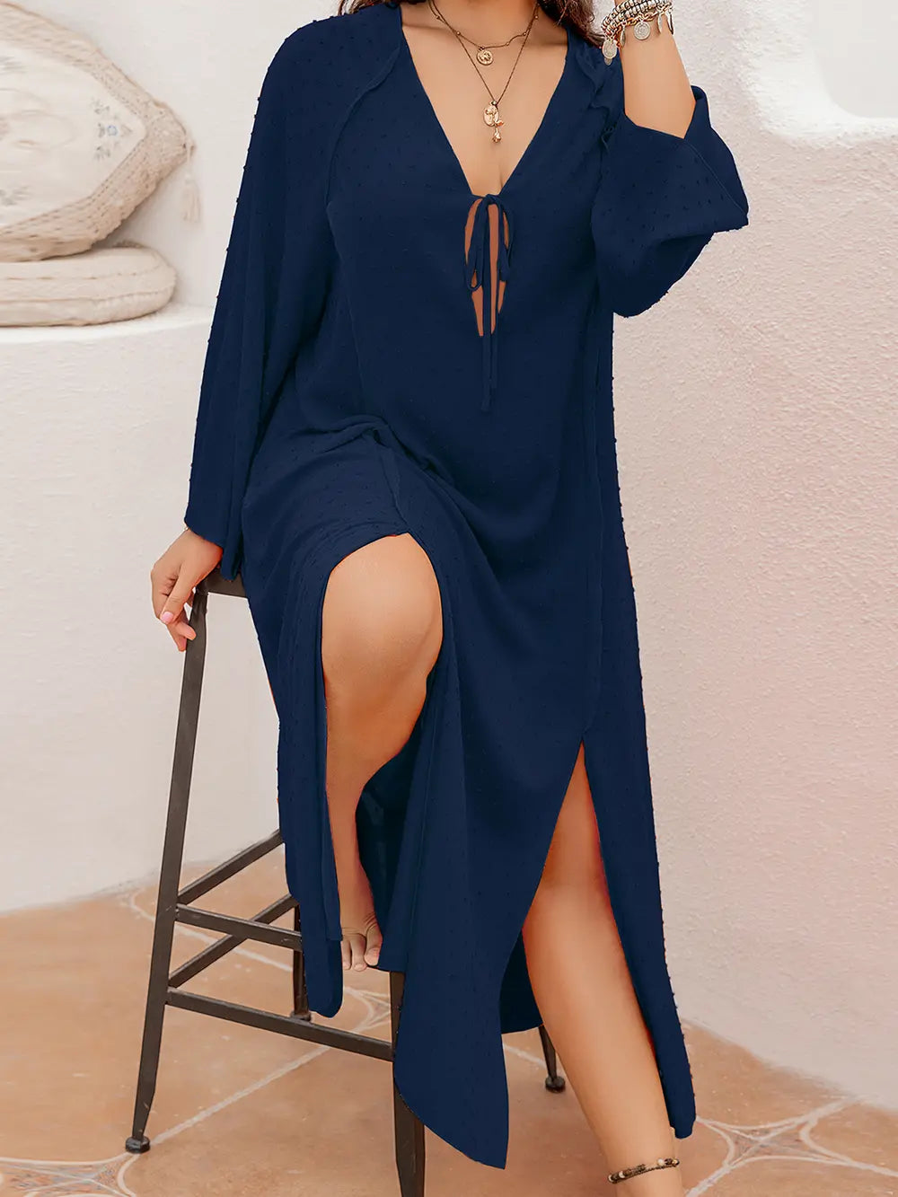 Plus Size Tie Neck Long Sleeve Slit Dress - Ladyez