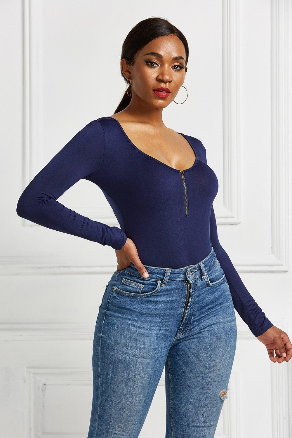 Half Zip Scoop Neck Long Sleeve Bodysuit - Ladyez