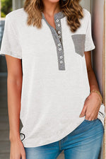 Full Size Half Button Short Sleeve T-Shirt - Ladyez