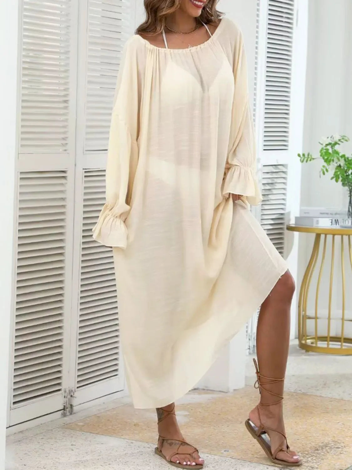 Backless Drawstring Back Flounce Sleeve Cover-Up - Ladyez