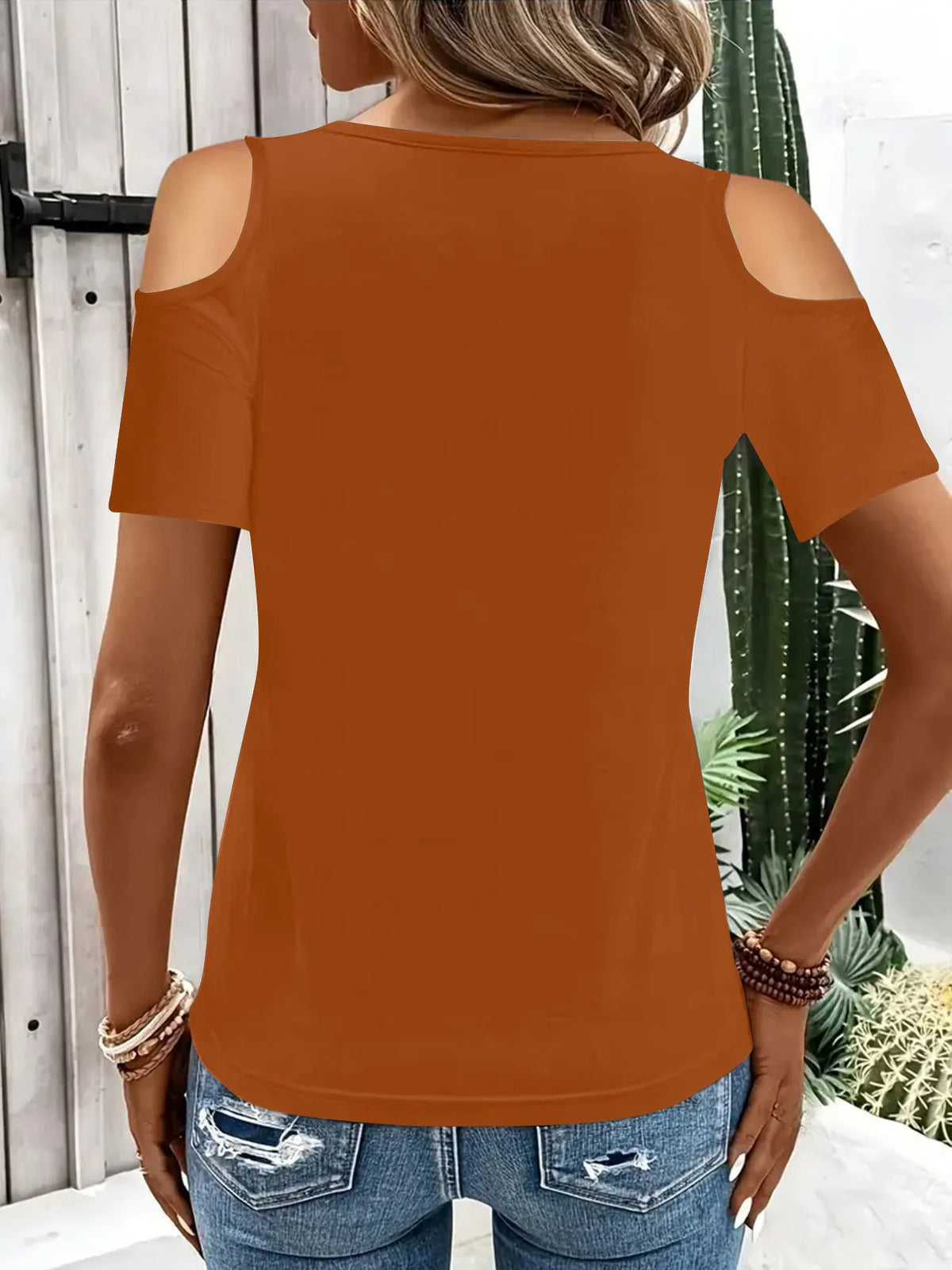 Cold Shoulder T-Shirt with Metal Ring Detail - Ladyez