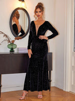 Ruffled Plunge Long Sleeve Dress - Ladyez