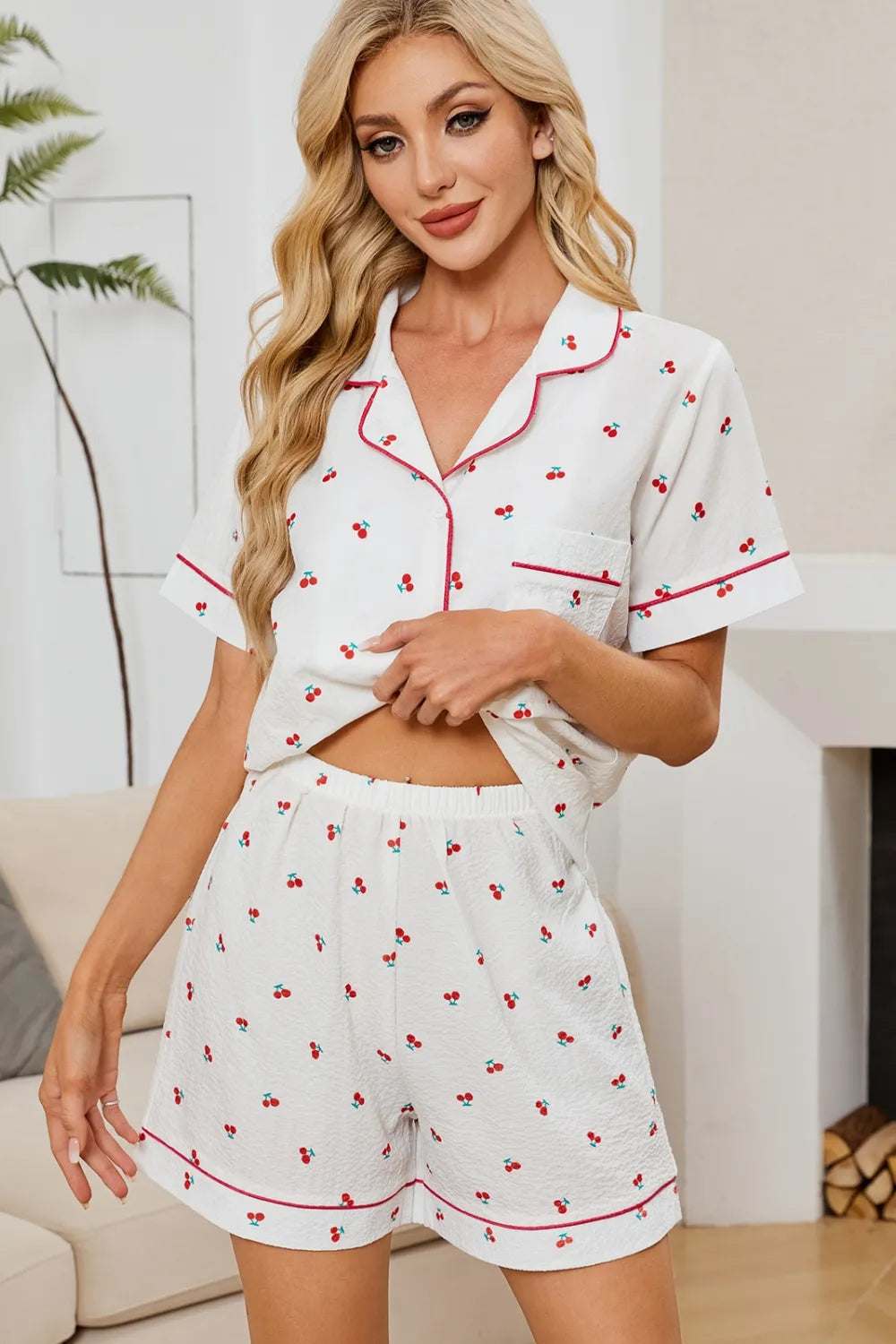 Cheery Print Collared Neck Top and Shorts Lounge Set - Ladyez