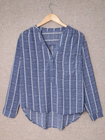 Striped Print V Neck Half Buttons Loose Blouse