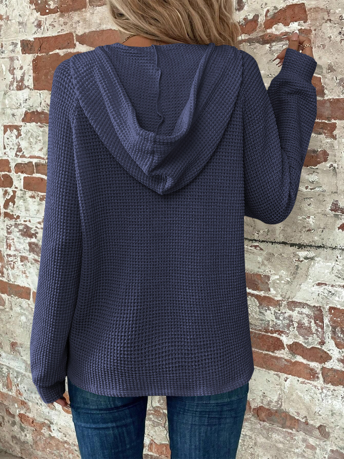 Waffle Knit Long Sleeve Drawstring Hooded Top - Ladyez