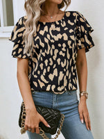 Animal Print Ruffle Sleeve Blouse