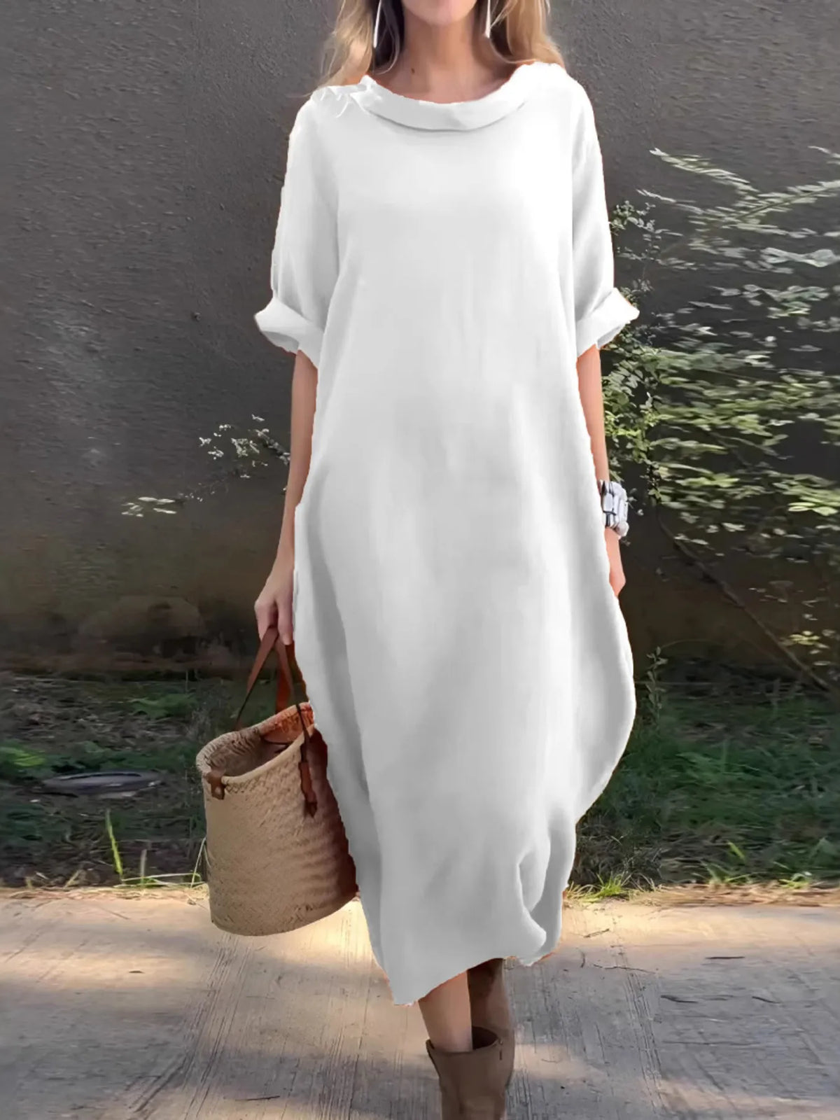 Full Size Casual Loose Fit Round Neck Midi Dress Plus Size