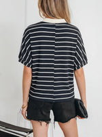 Stripe Stand Collar V Neck Elastic Cuffs Half Sleeve Dolman Top