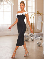 Slit Contrast Single Shoulder Midi Dress - Ladyez