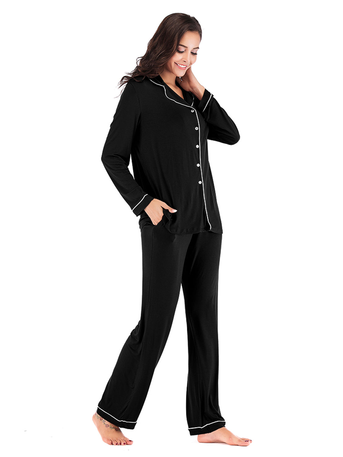 Collared Neck Long Sleeve Loungewear Set with Pockets - Ladyez