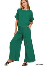 Zenana Round Neck T-Shirt and Wide Leg Pants Set - Ladyez