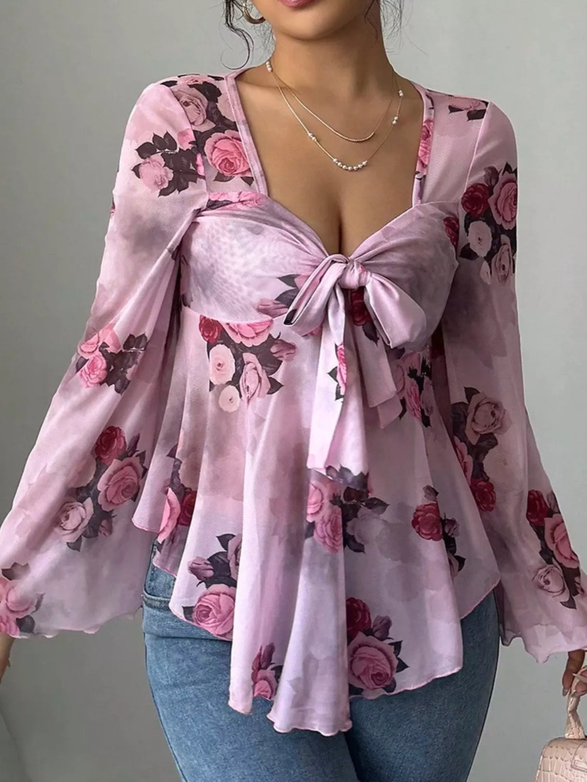 Floral Print Tie Front Flare Sleeve Blouse