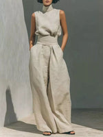 High Neck Sleeveless Top and Wide Leg Pants Set