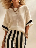 Full Size Striped Half Sleeve Top and Pants Set Plus Size