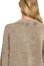 Zenana Washed Deep V-neck Oversized Sweater