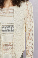 POL Round Neck Long Sleeve Exposed Seam Top with Lace Detail