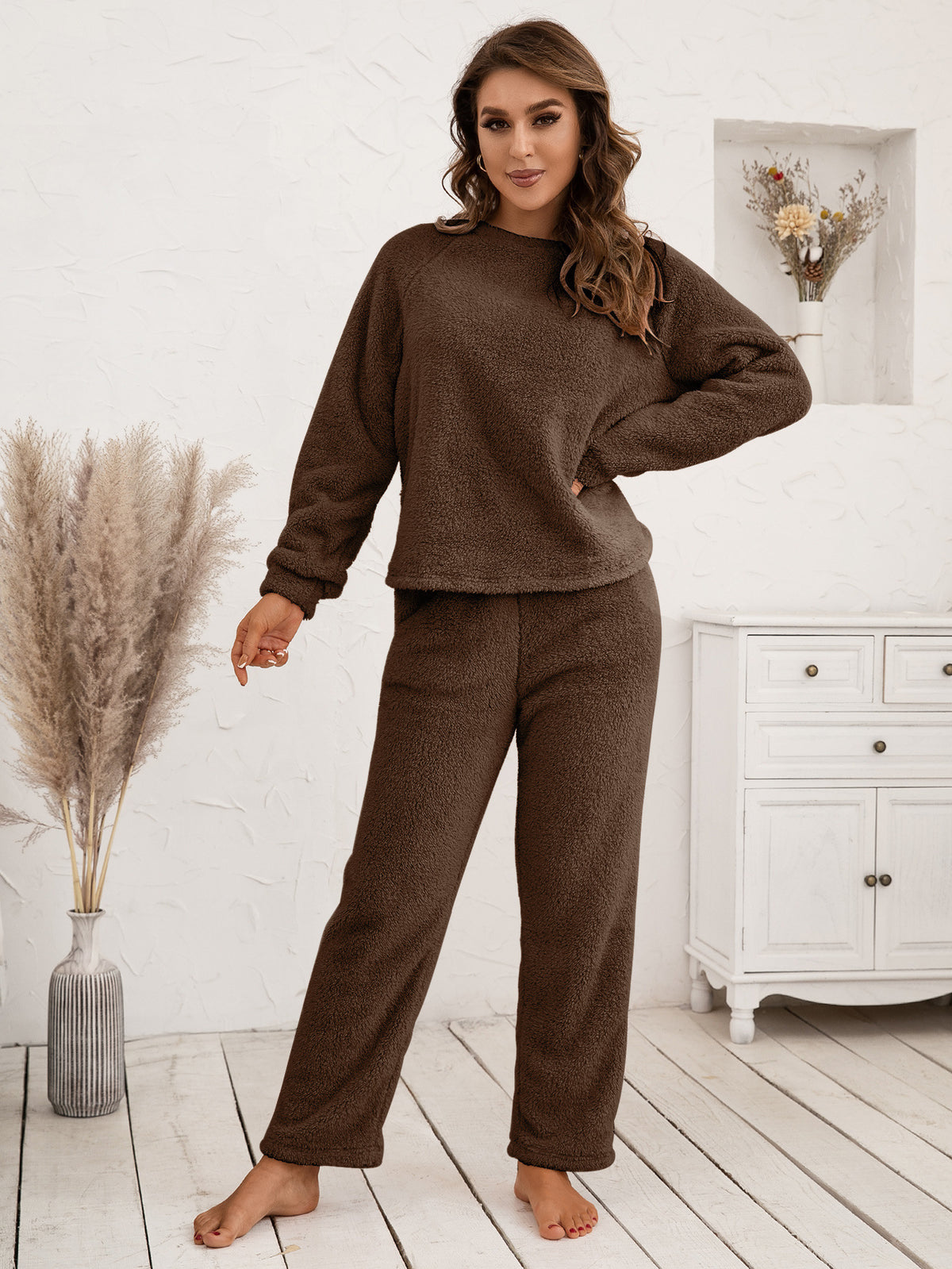 Ivy Lane Teddy Long Sleeve Top and Pants Lounge Set - Ladyez