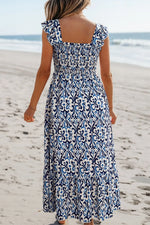 Smocked Printed Square Neck Dress