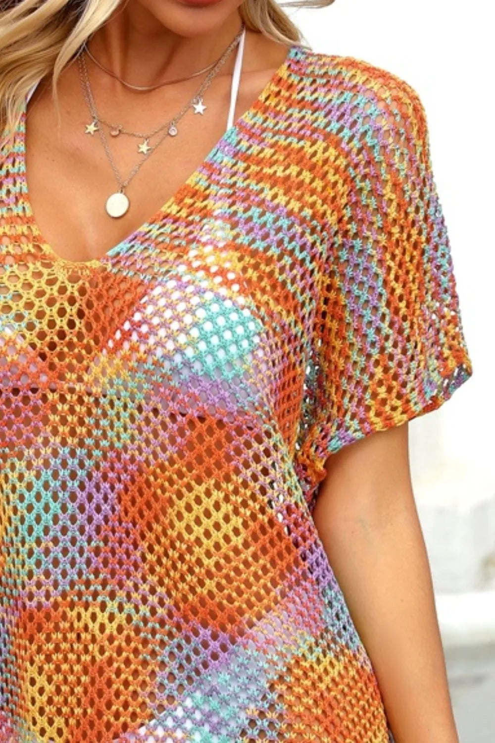 Angel Wings Openwork Contrast Short Sleeve Cover-Up - Ladyez