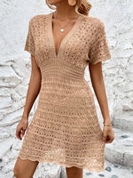 Openwork Plunge Short Sleeve Cover-Up Dress - Ladyez