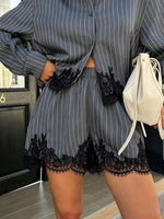 Lace Trim Striped Button-Down Shirt and Shorts Set