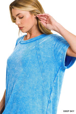 Zenana Washed Ribbed Cuffed Short Sleeve Round Neck Top