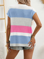 Striped Notched Short Sleeve Sweater