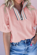 Contrast Striped Collar Patchwork Textured Half Sleeve Blouse