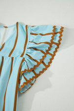 Stripe Ricrac Trim Double Ruffled Short Sleeve V Neck Blouse