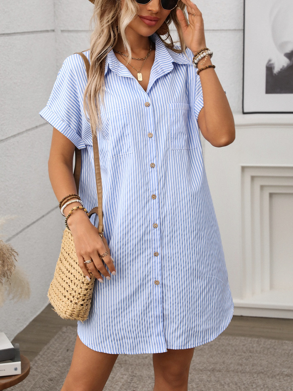 Striped Button Down Short Sleeve Mini Dress - Ladyez