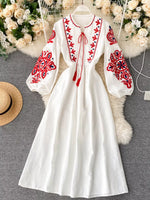 Embroidered Tie Neck Long Sleeve Dress