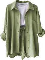 Textured Button Up Shirt and Shorts Set