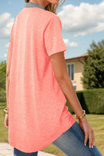 Full Size Half Button Short Sleeve T-Shirt - Ladyez