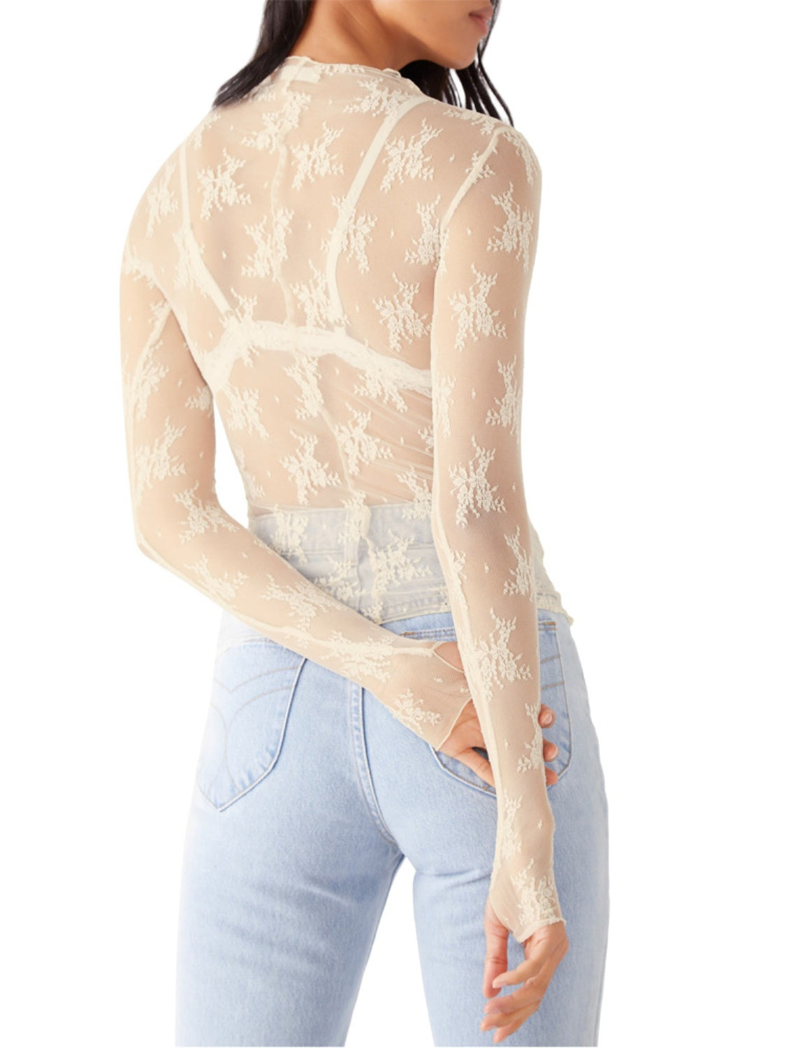 Lace Mock Neck Long Sleeve Blouse - Ladyez