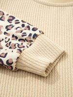 Leopard Sleeve Patchwork Ribbed Knit U Neck Top