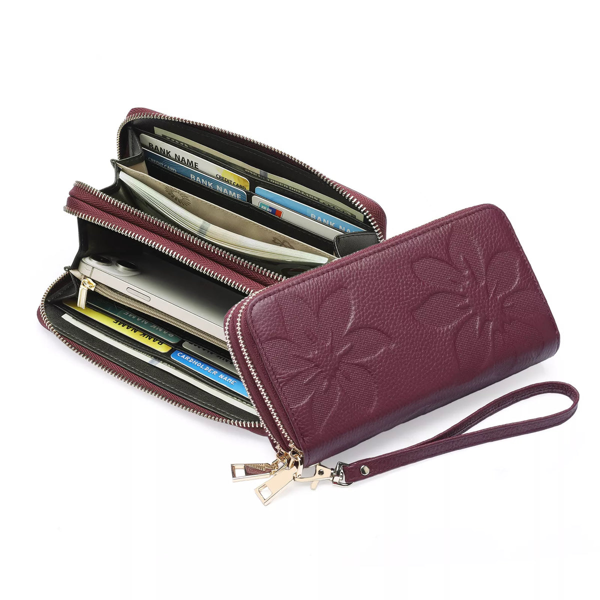 Floral Embossed Leather Zipper Wallet