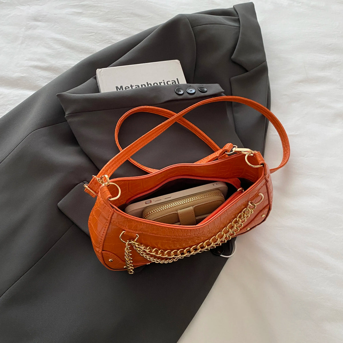 Chain-Embellished Shoulder Bag - Ladyez